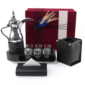 Black set consists of metal cups holder, six coffee glasses, three tea glasses, thermos, tissue box, and basket