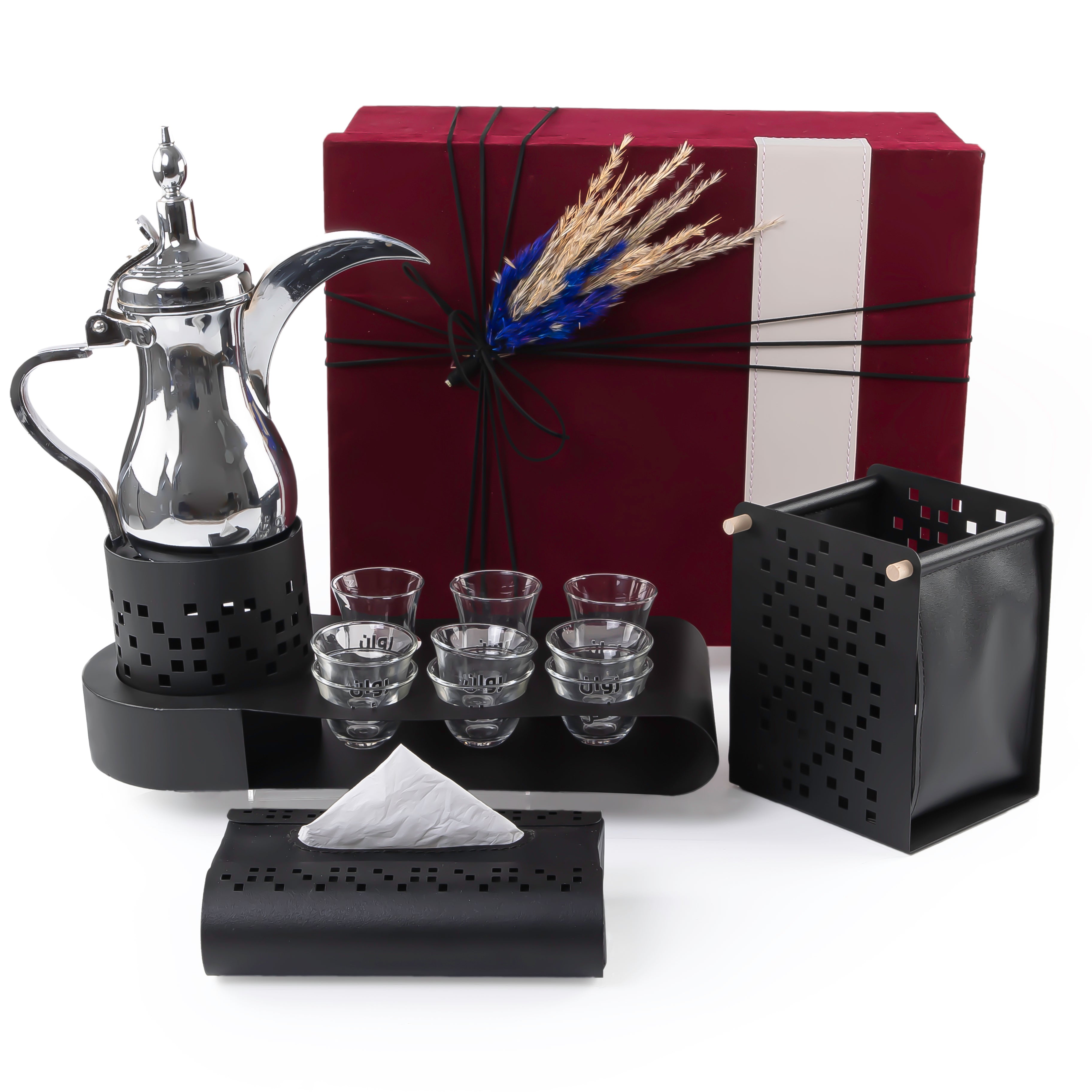 Black set consists of metal cups holder, six coffee glasses, three tea glasses, thermos, tissue box, and basket