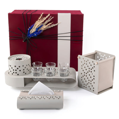 Gray set consists of metal cups holder, six coffee glasses, three tea glasses, tissue box, and basket