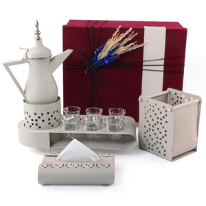 Gray set consists of metal cups holder, six coffee glasses, three tea glasses, thermos, tissue box, and basket