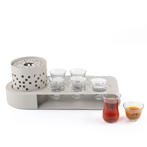 Gray set consists of metal cups holder, six coffee glasses, and three tea glasses