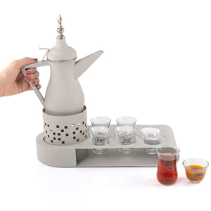 Gray set consists of metal cups holder, six coffee glasses, three tea glasses, and thermos