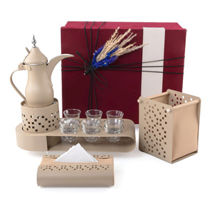 Beige set consists of metal cups holder, six coffee glasses, three tea glasses, thermos, tissue box, and basket