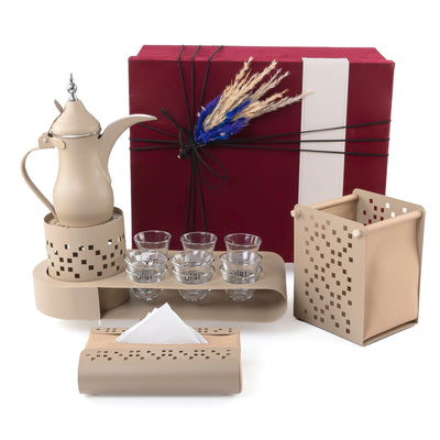 Beige set consists of metal cups holder, six coffee glasses, three tea glasses, thermos, tissue box, and basket