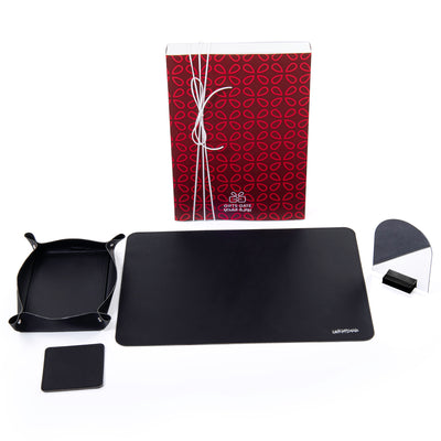 Black leather office set contain office mat, pen holder, coaster, and mini mirror
