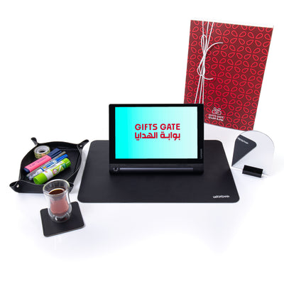Black leather office set contain office mat, pen holder, coaster, and mini mirror