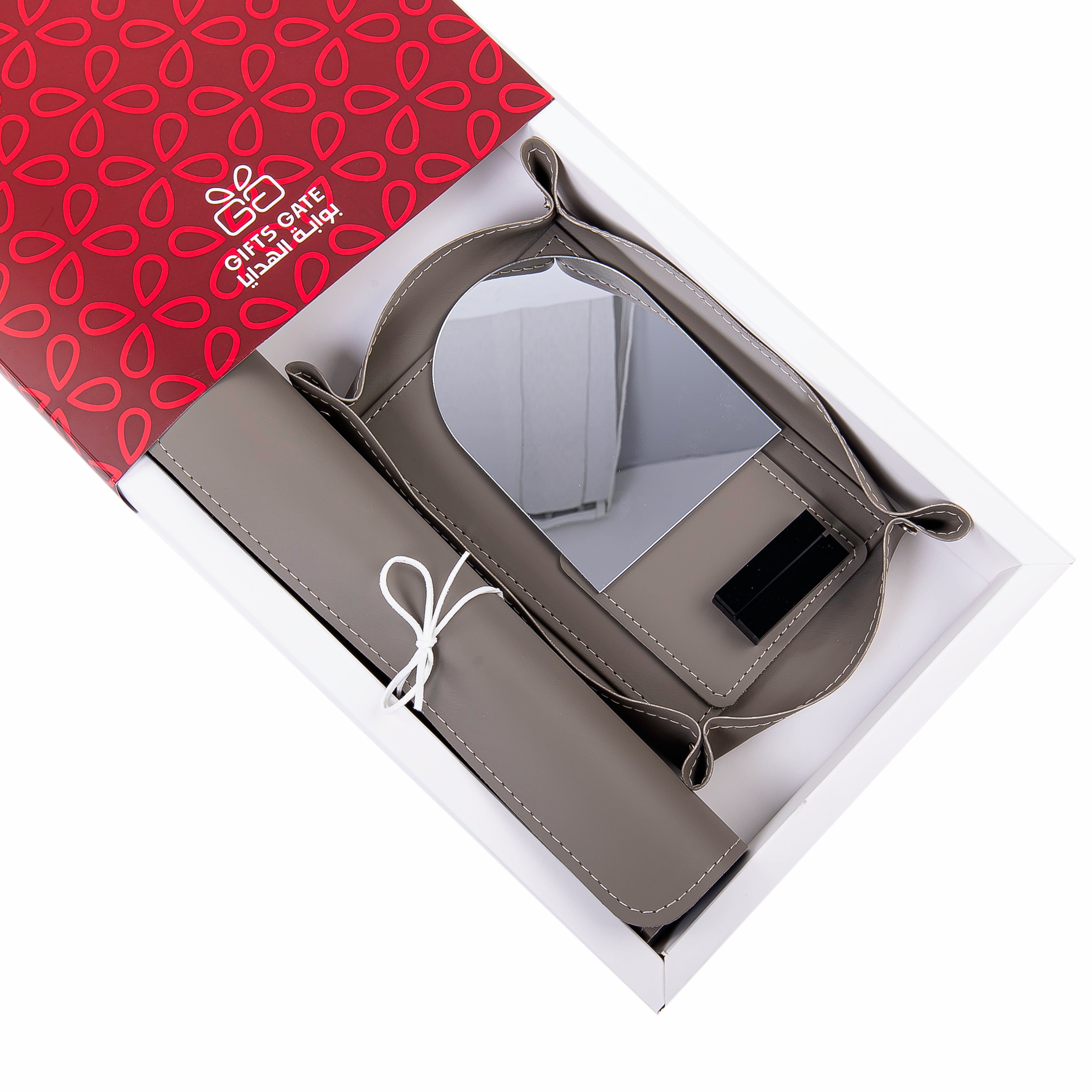 Grey leather office set contain office mat, pen holder, coaster, and mini mirror