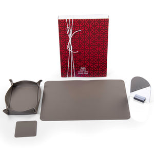 Grey leather office set contain office mat, pen holder, coaster, and mini mirror
