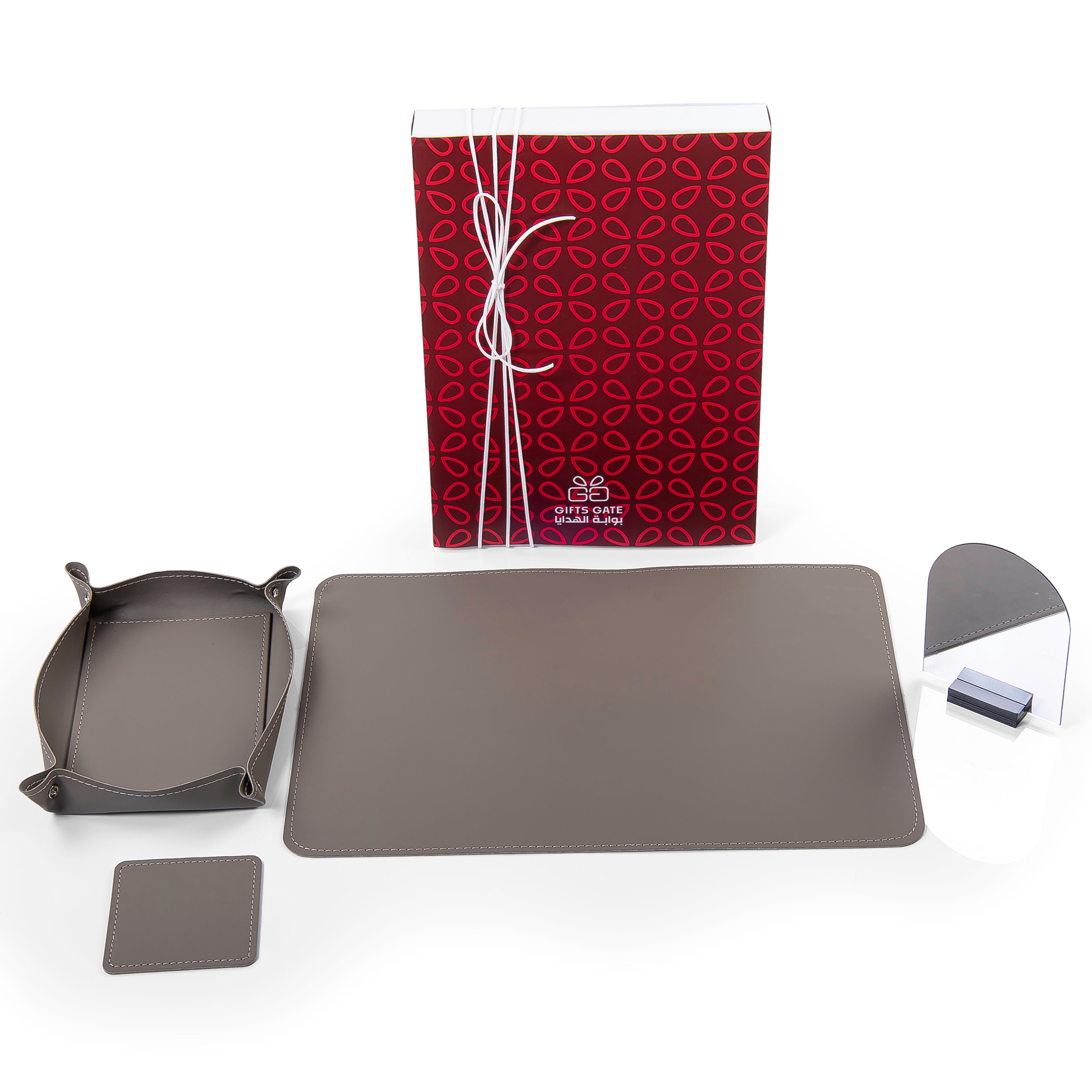 Grey leather office set contain office mat, pen holder, coaster, and mini mirror