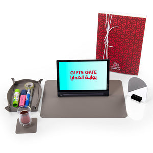 Grey leather office set contain office mat, pen holder, coaster, and mini mirror