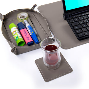 Grey leather office set contain office mat, pen holder, coaster, and mini mirror