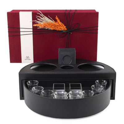 Black leather set of circular stand contains six tea glasses, six coffee glasses, six coasters