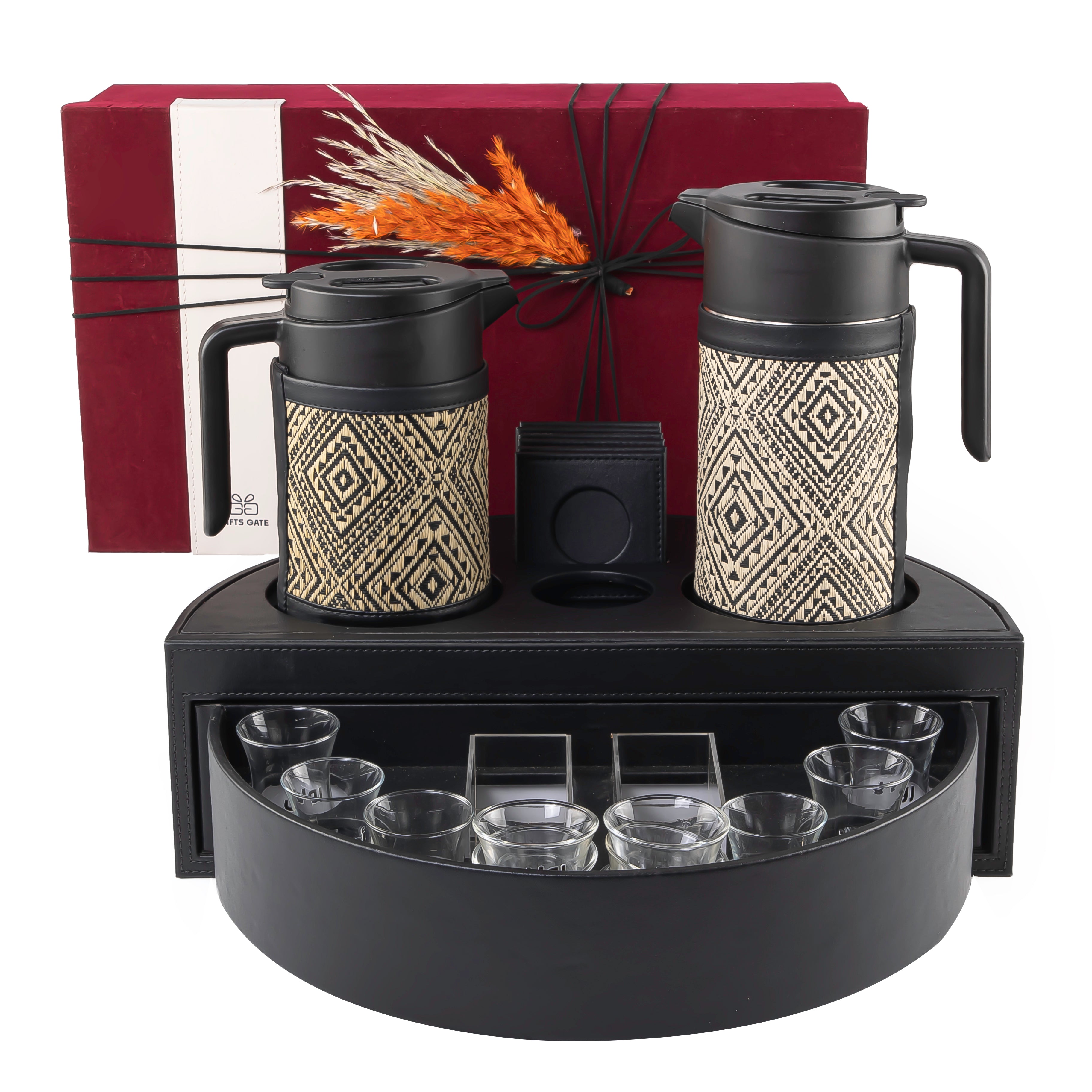 Black leather set of circular stand contains two thermoses with fabric covers, six tea glasses, six coffee glasses, six coasters