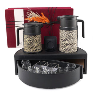 Black leather set of circular stand contains two thermoses with fabric covers, six tea glasses, six coffee glasses, six coasters