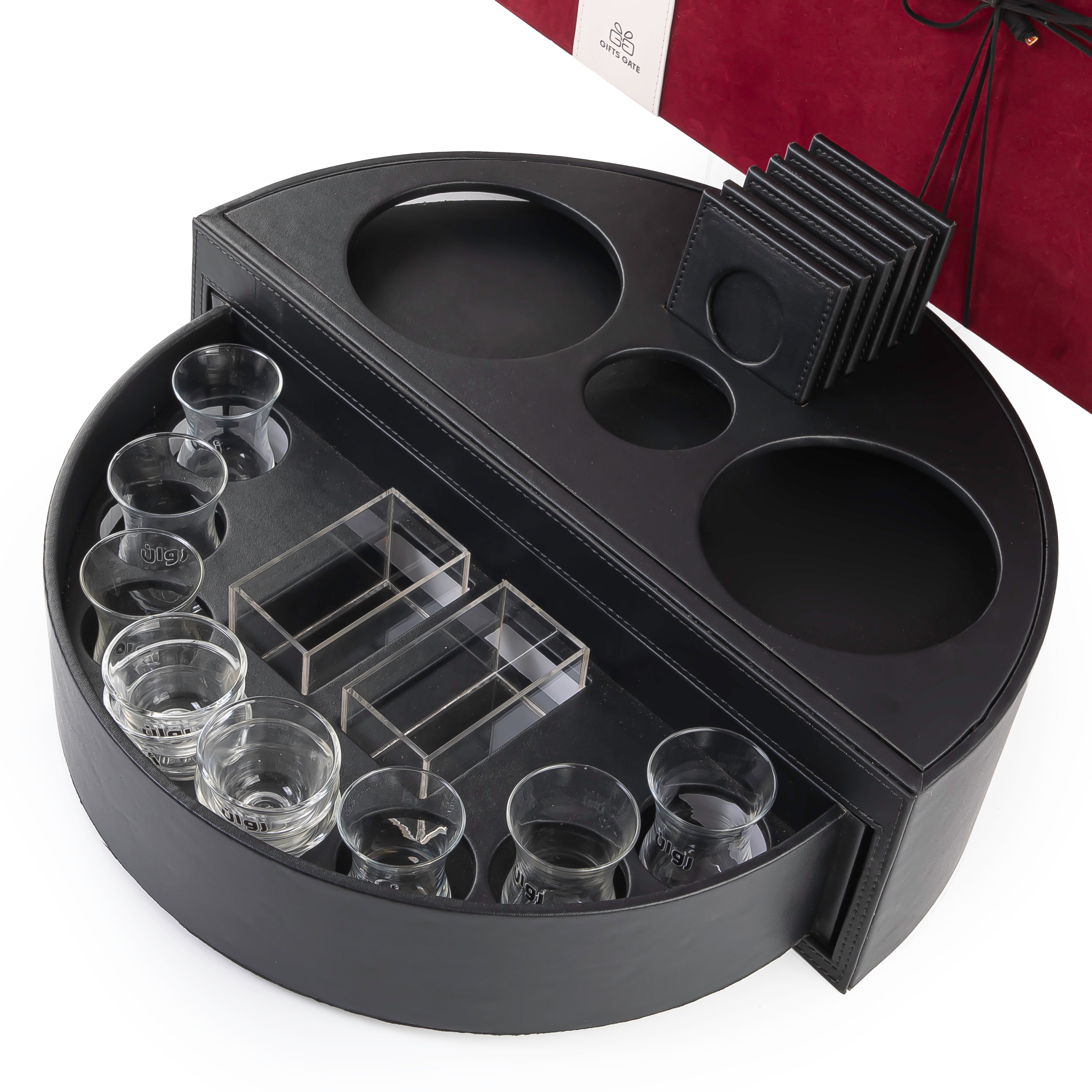Black leather set of circular stand contains six tea glasses, six coffee glasses, six coasters