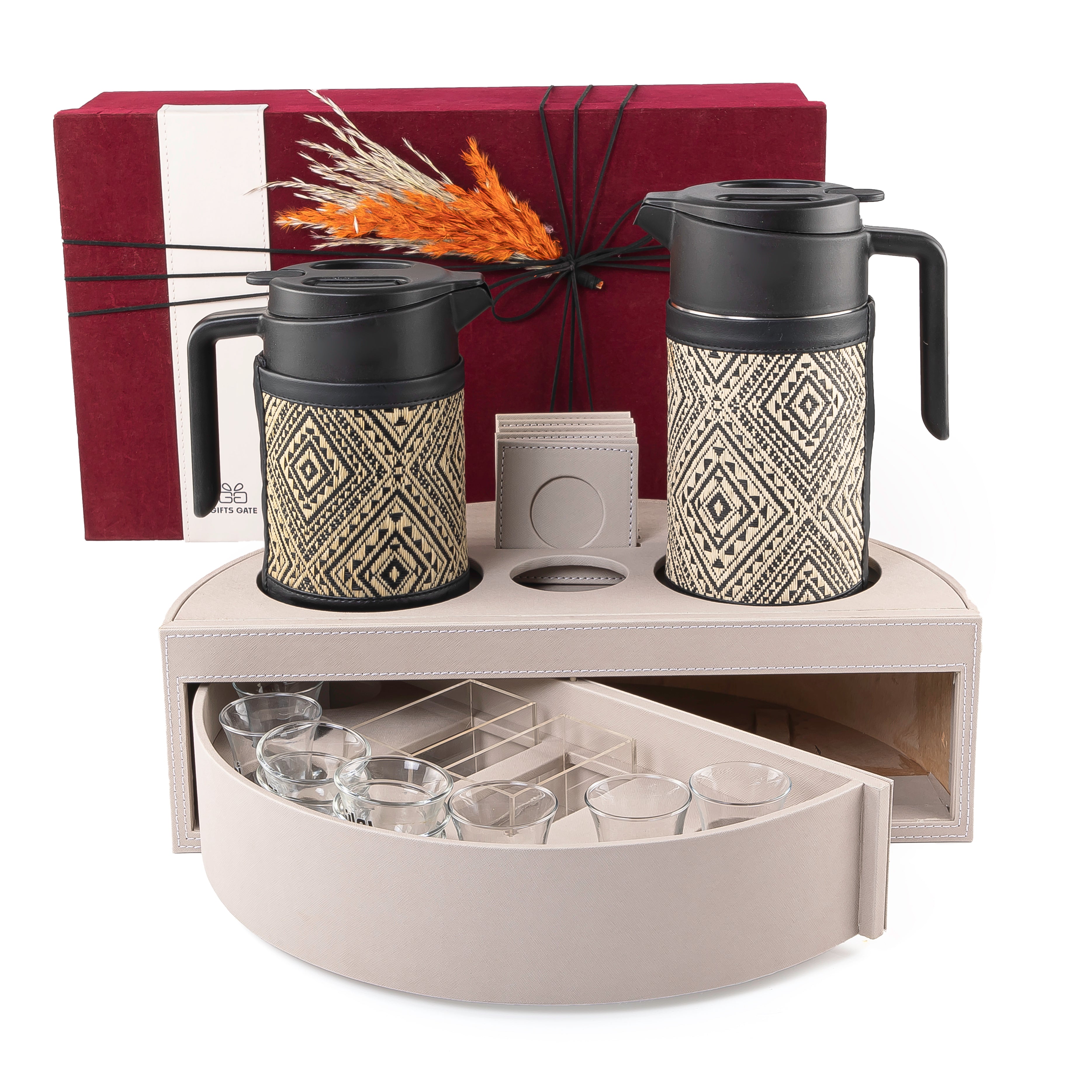 Grey leather set of circular stand contains two thermoses with fabric covers, six tea glasses, six coffee glasses, six coasters