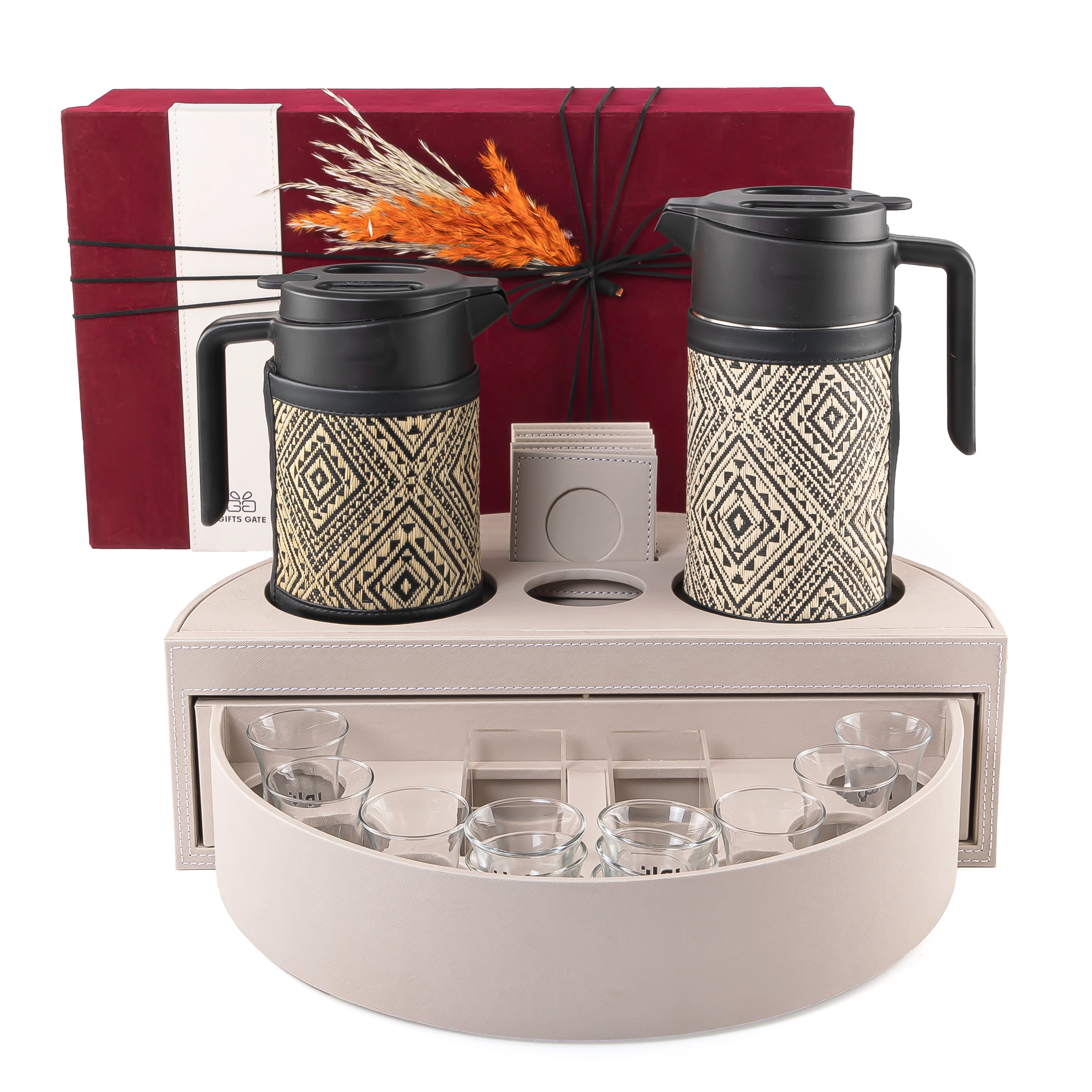 Grey leather set of circular stand contains two thermoses with fabric covers, six tea glasses, six coffee glasses, six coasters