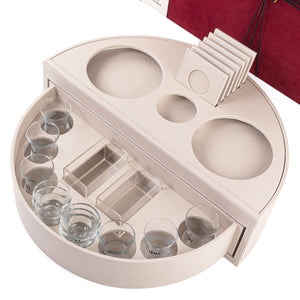 Grey leather set of circular stand contains six tea glasses, six coffee glasses, six coasters