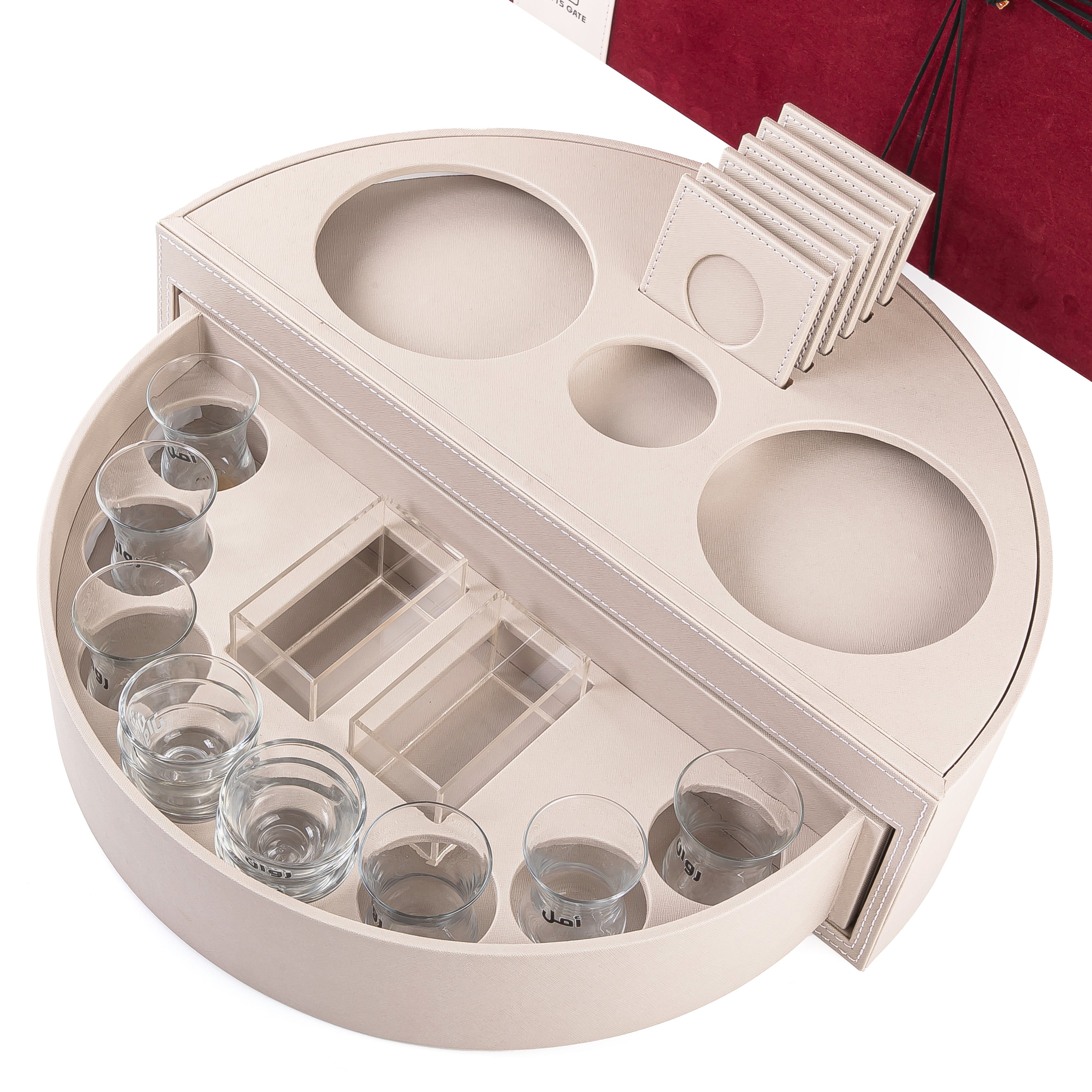 Grey leather set of circular stand contains six tea glasses, six coffee glasses, six coasters