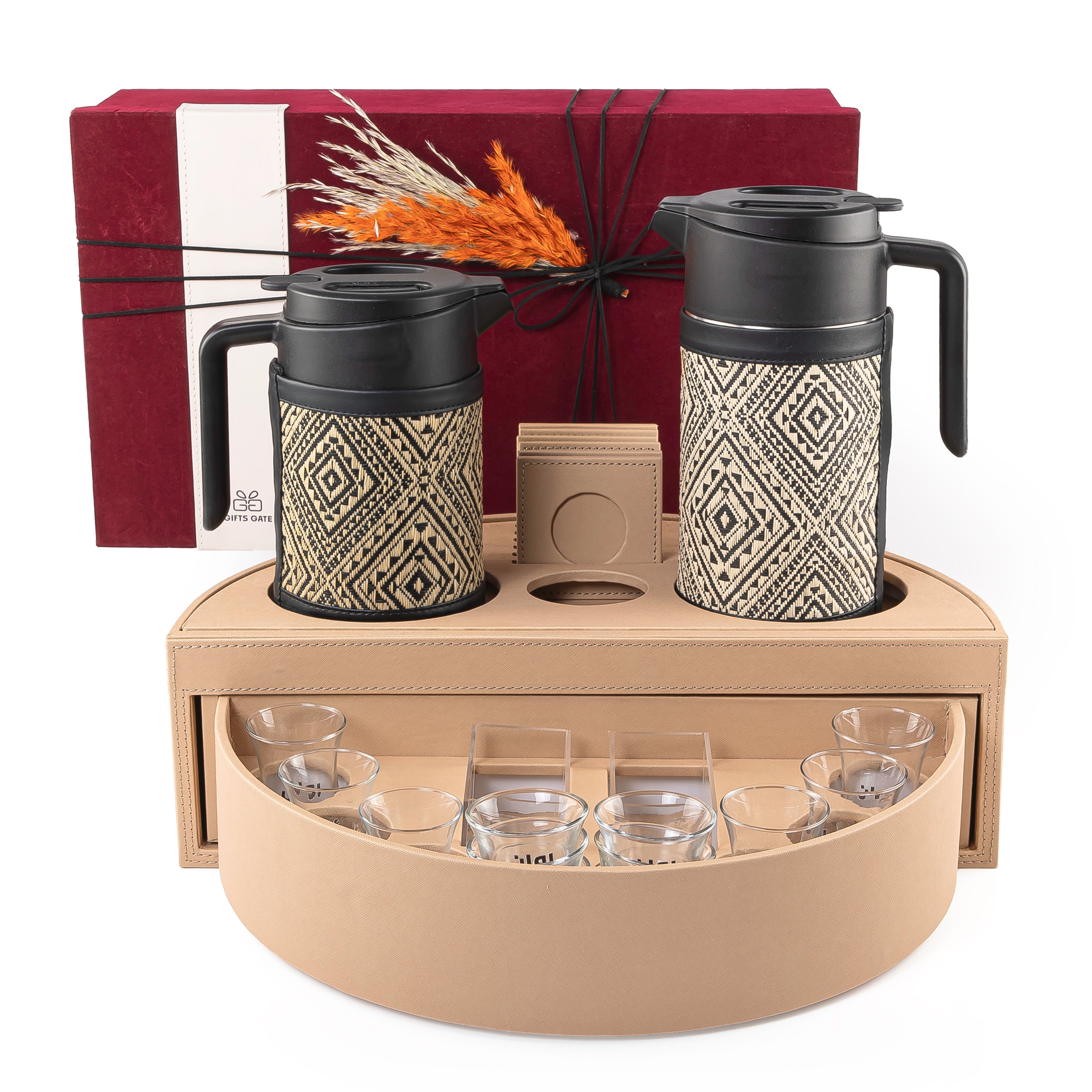 Beige leather set of circular stand contains two thermoses with fabric covers, six tea glasses, six coffee glasses, six coasters