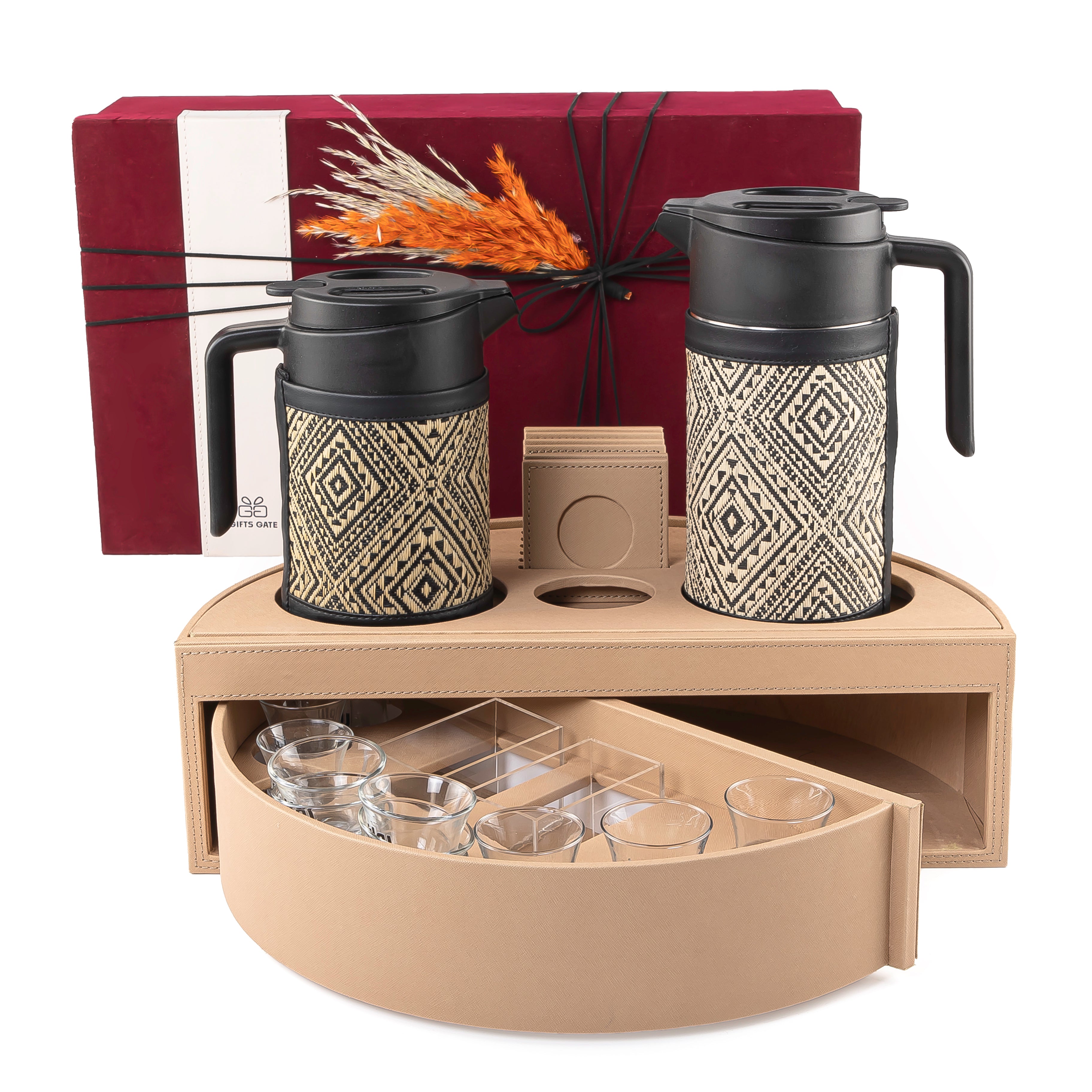 Beige leather set of circular stand contains two thermoses with fabric covers, six tea glasses, six coffee glasses, six coasters