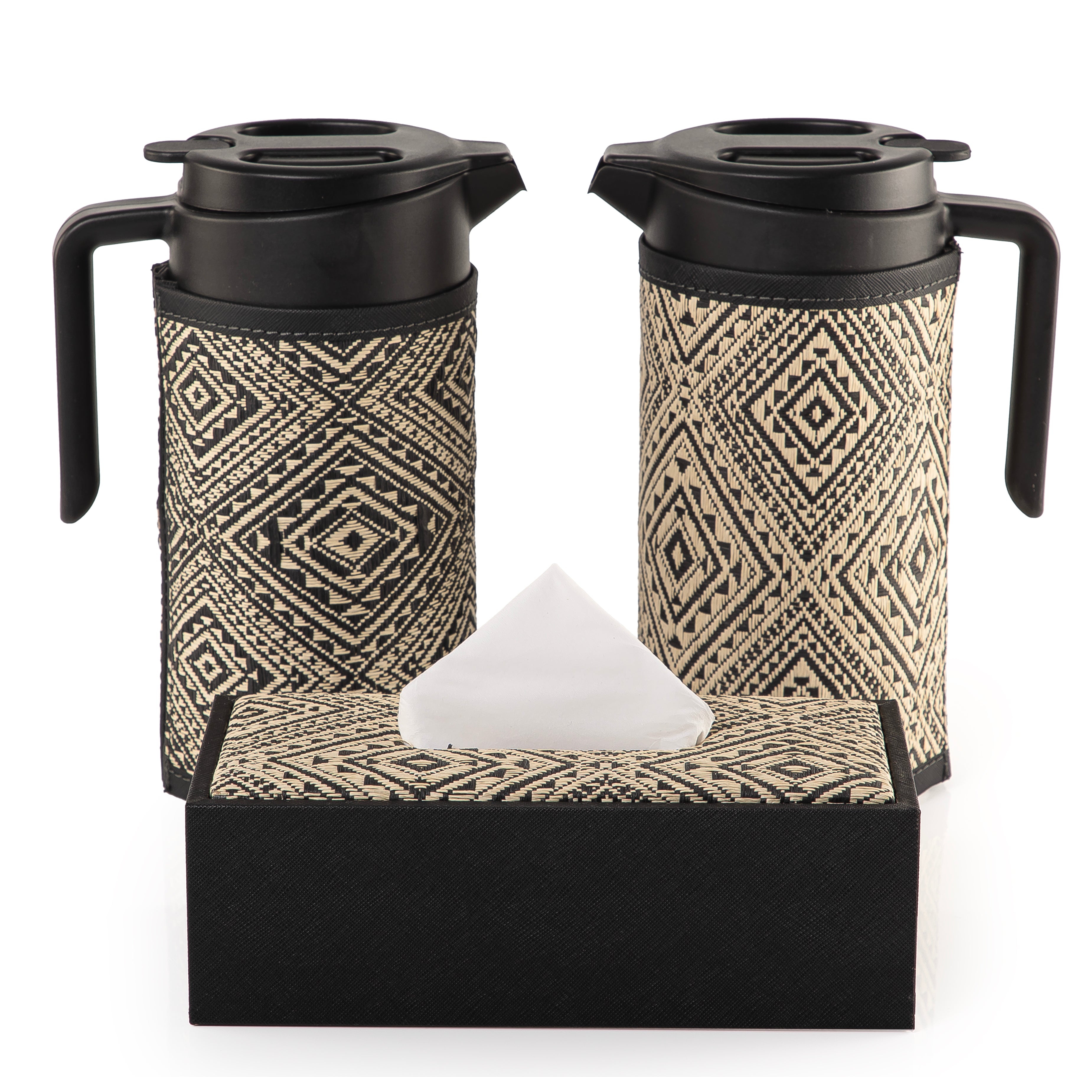 two thermoses with black fabric covers and tissue box