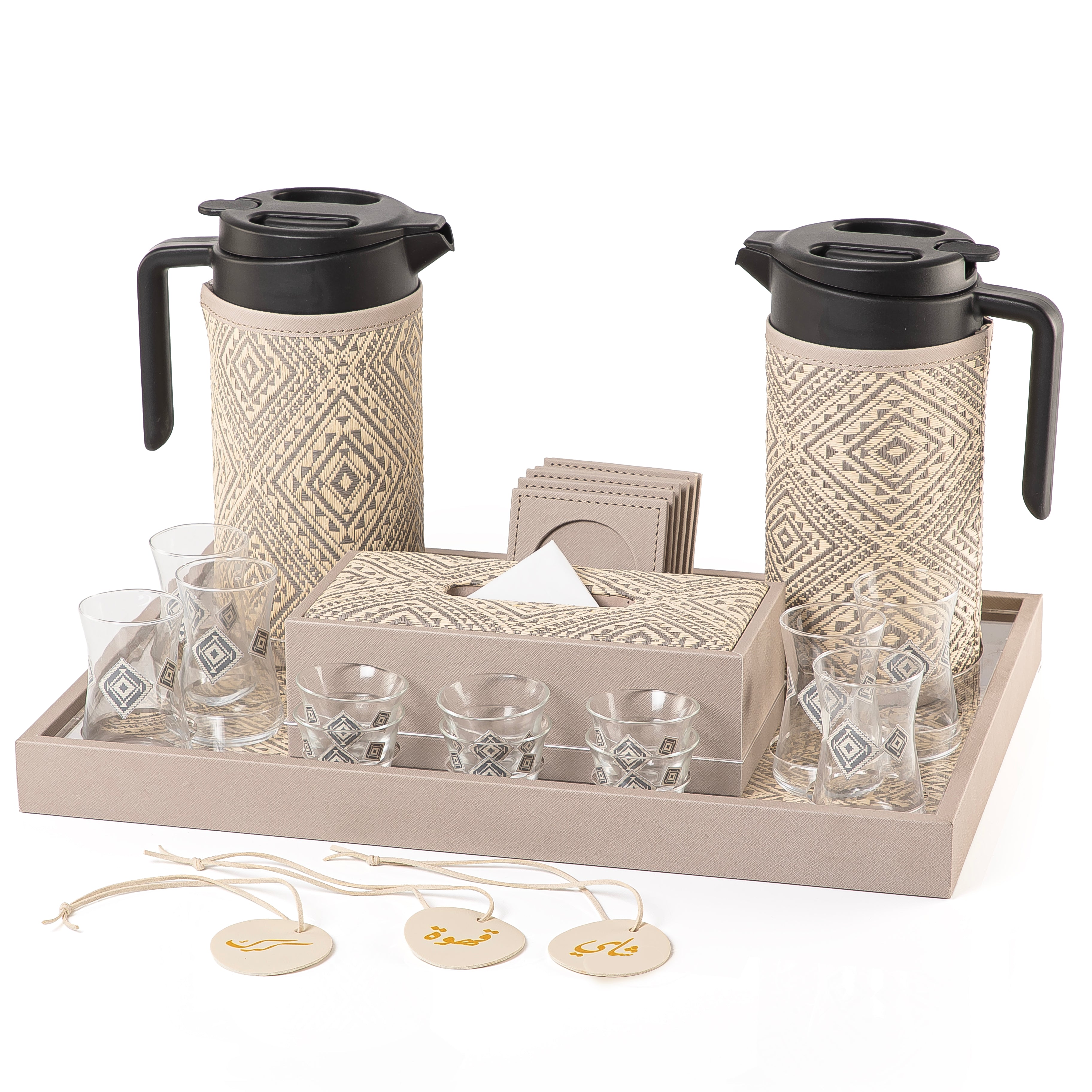 A grey tray holding two thermoses with fabric covers, six coffee glasses, six tea glasses, six coasters, three labels "Tea, Karak, Coffee", and tissue box