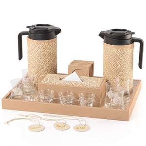 A beige tray holding two thermoses with fabric covers, six coffee glasses, six tea glasses, six coasters, three labels "Tea, Karak, Coffee", and tissue box