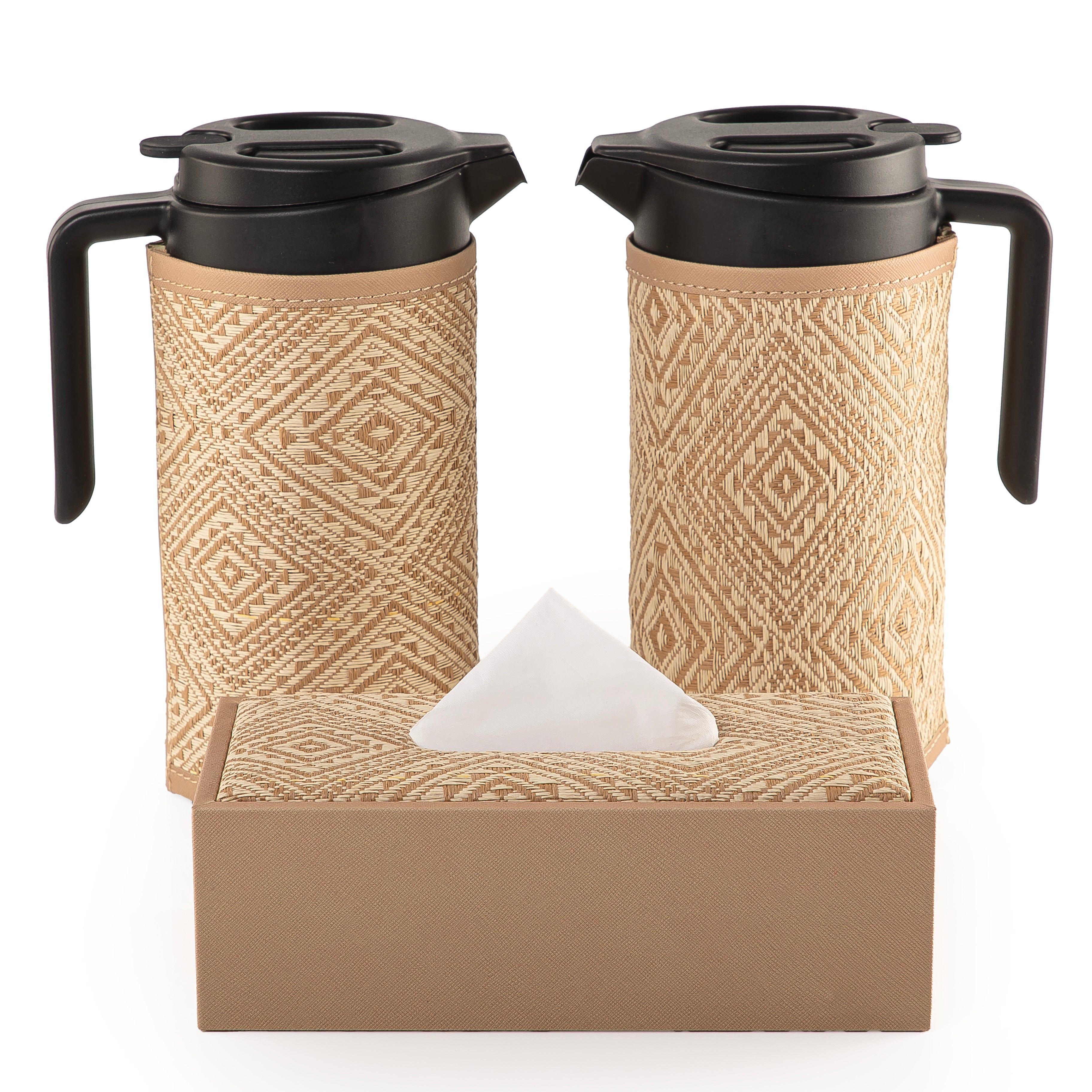 two thermoses with beige fabric covers and tissue box