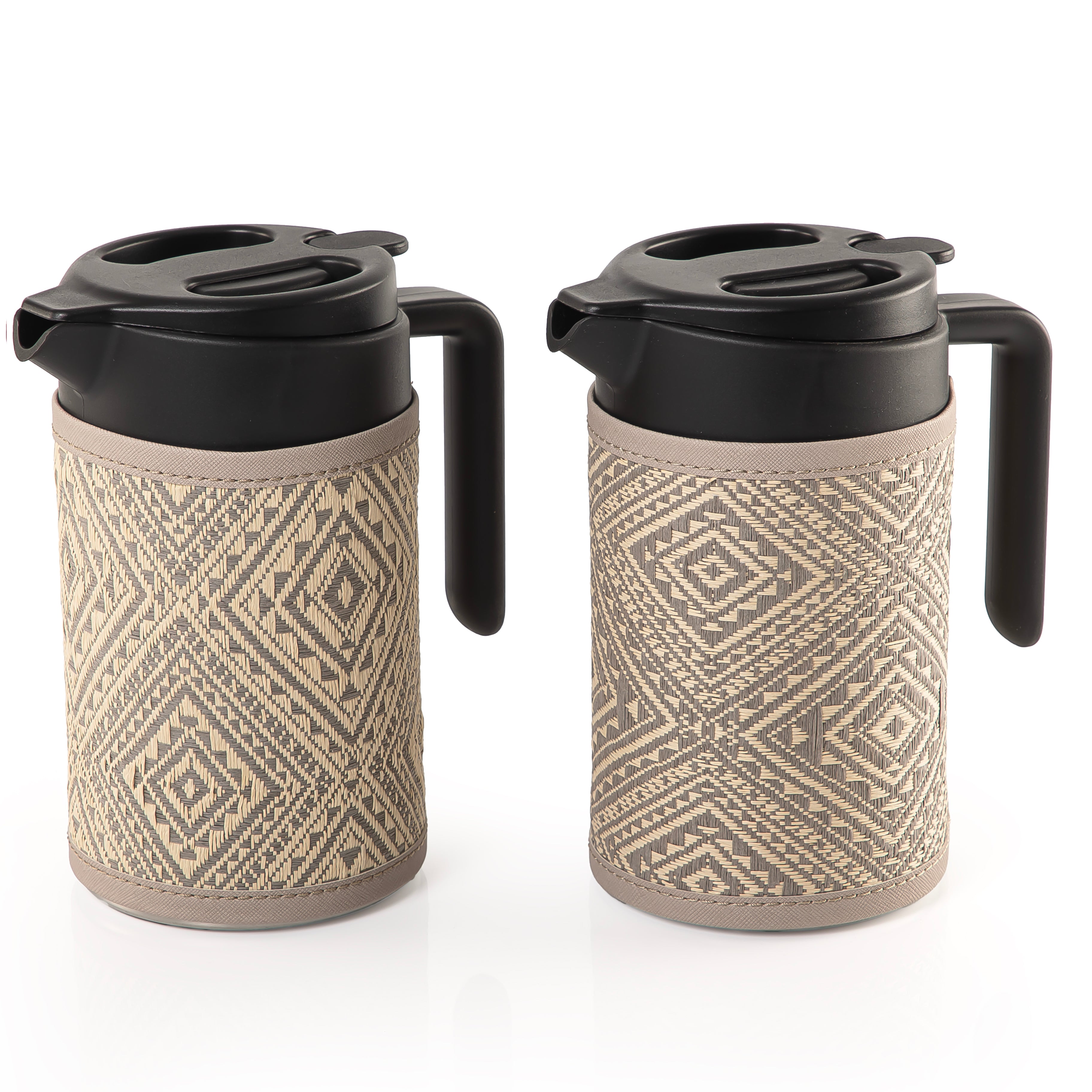 two thermoses with grey fabric covers