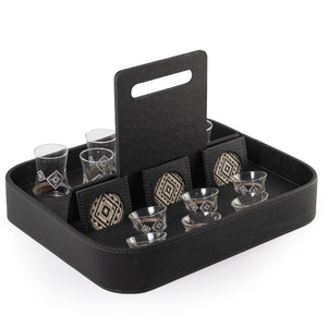 A black stand with a handle, holding six coffee glasses, six tea glasses, and six coasters