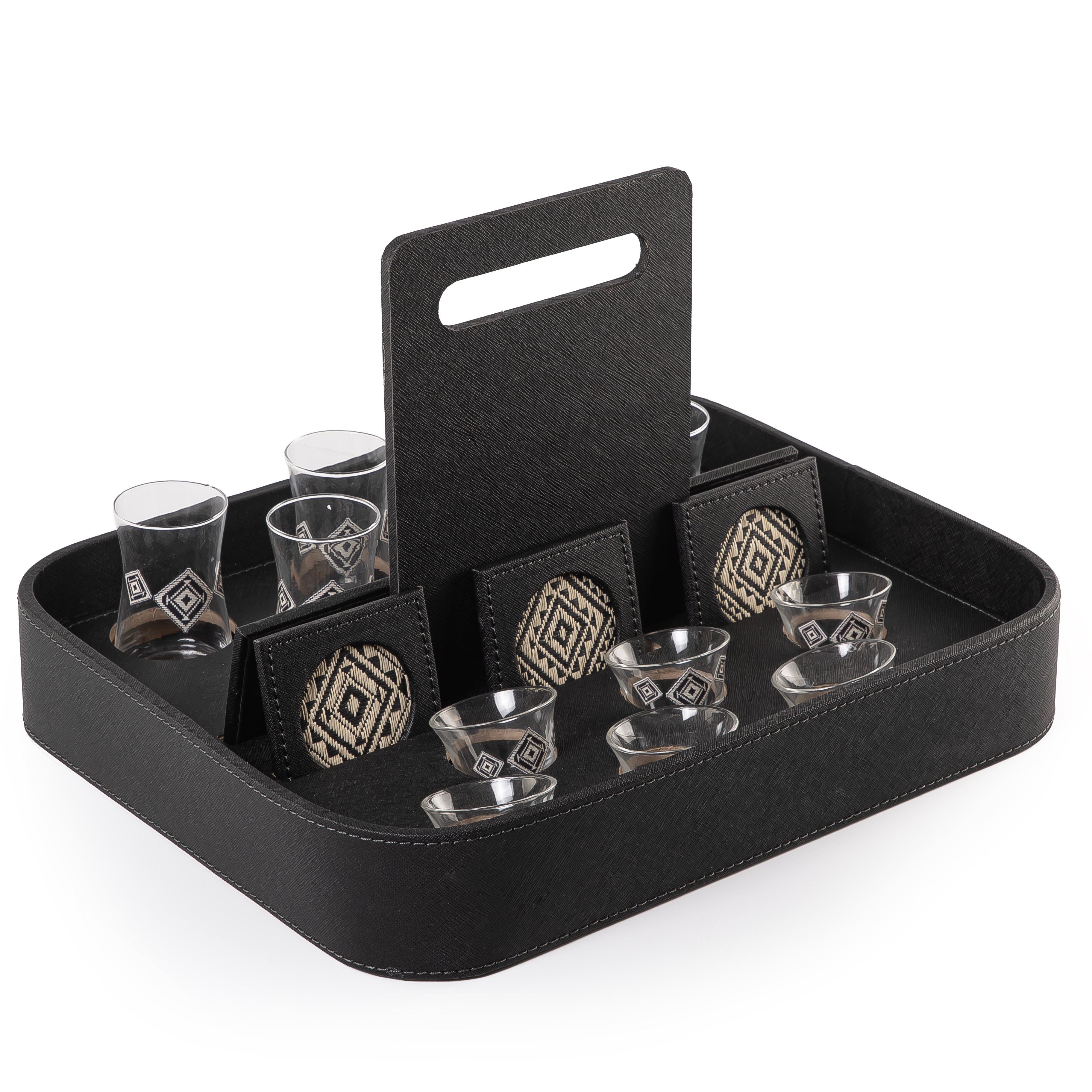 A black stand with a handle, holding six coffee glasses, six tea glasses, and six coasters