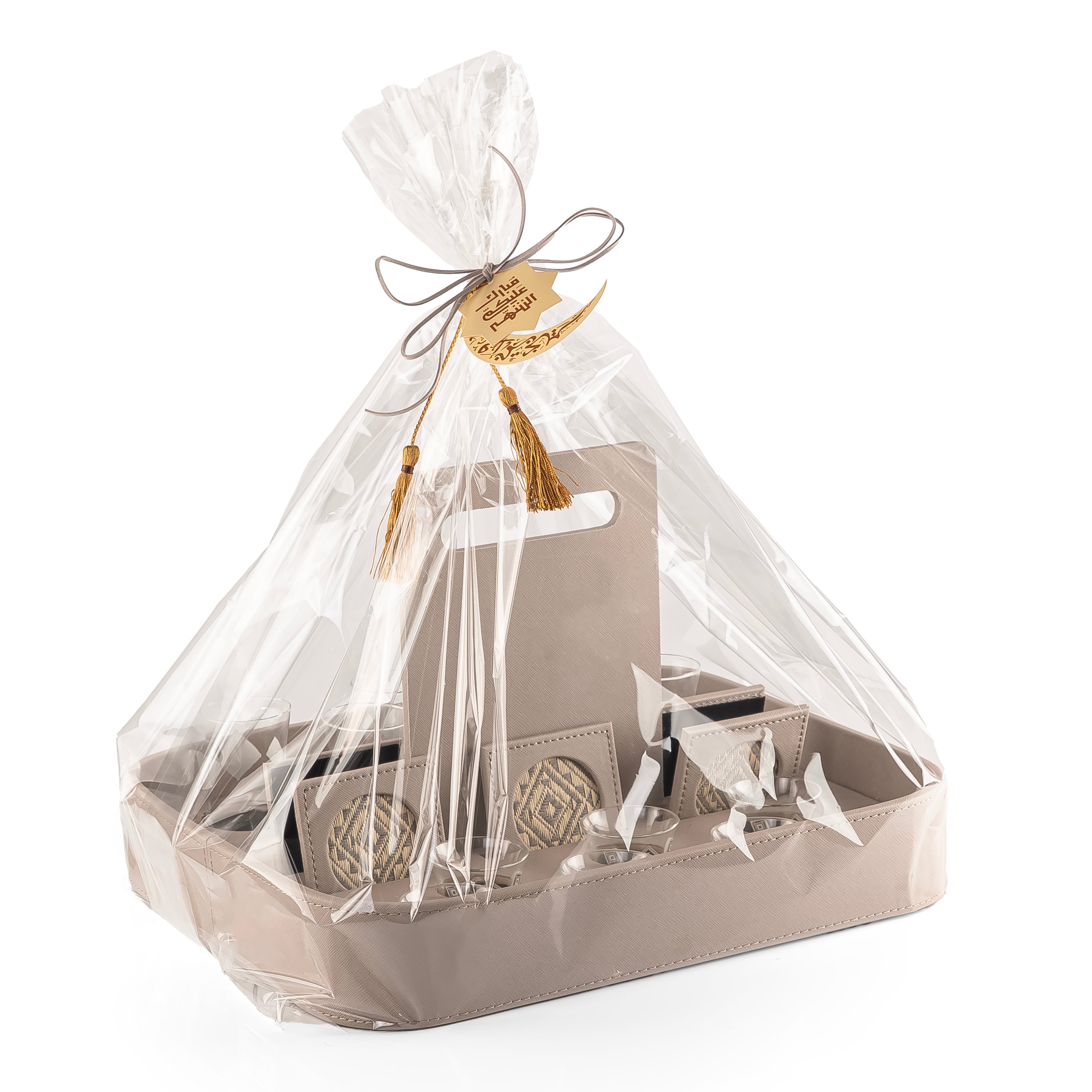 A grey stand with a handle, holding six coffee glasses, six tea glasses, and six coasters