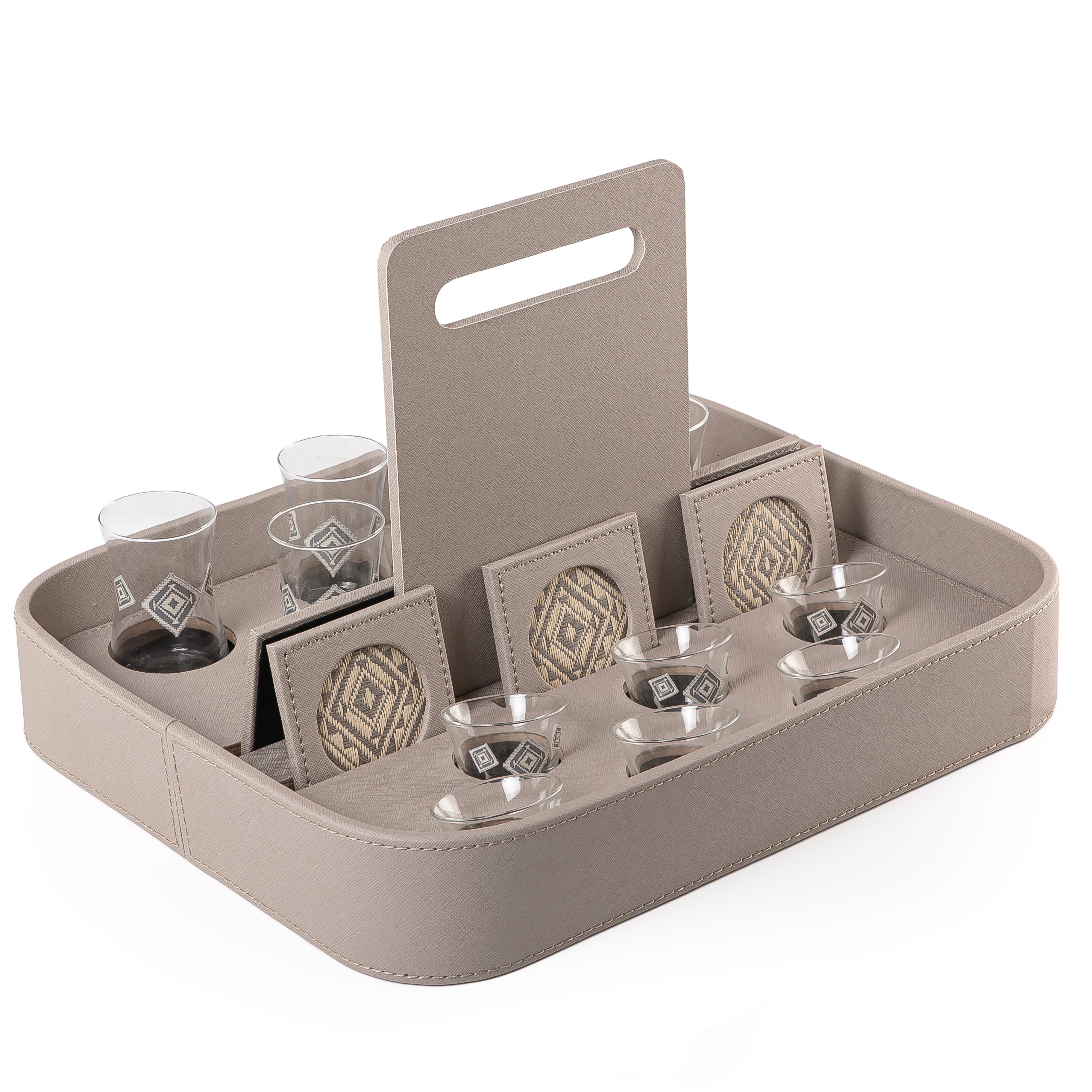 A grey stand with a handle, holding six coffee glasses, six tea glasses, and six coasters