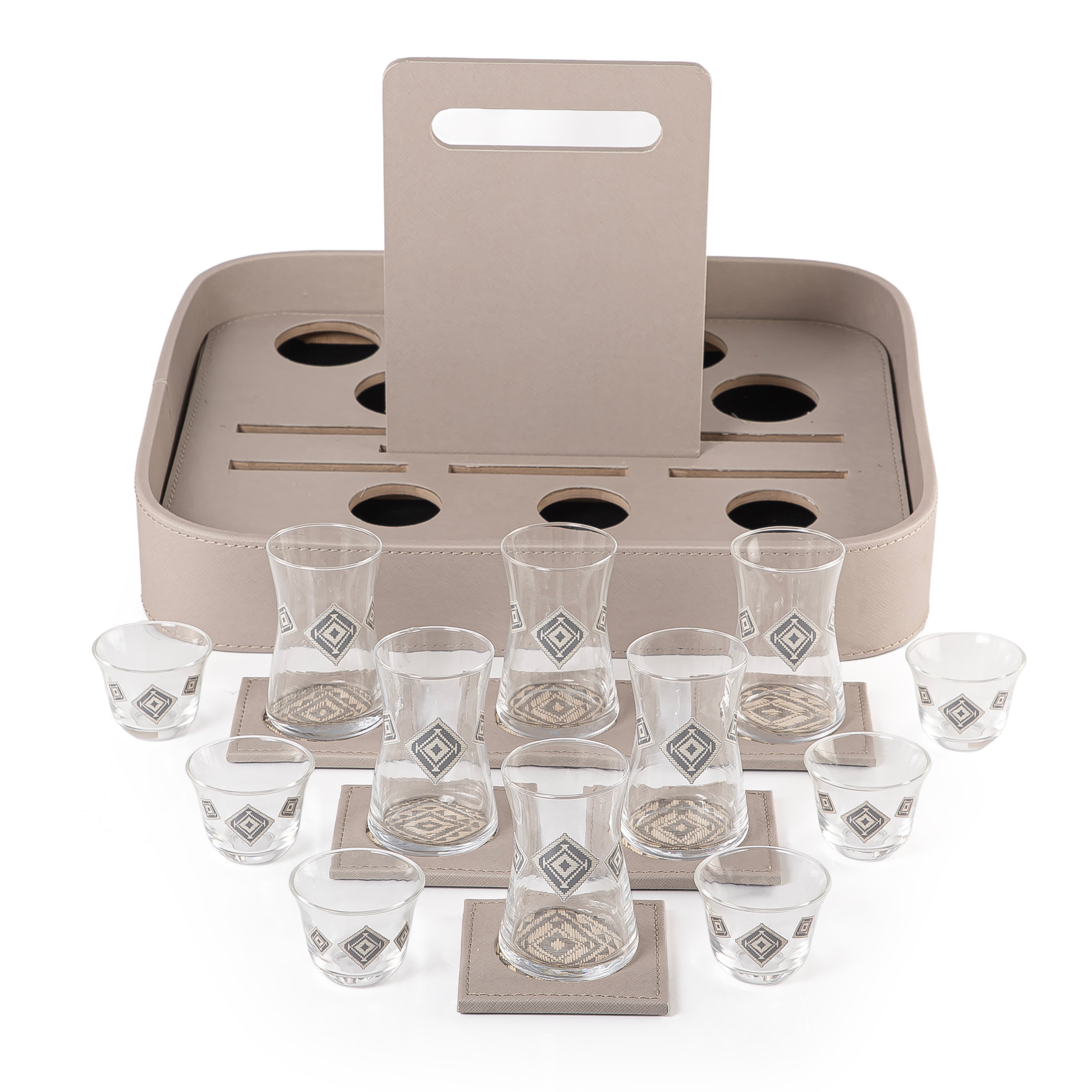 A grey stand with a handle, holding six coffee glasses, six tea glasses, and six coasters