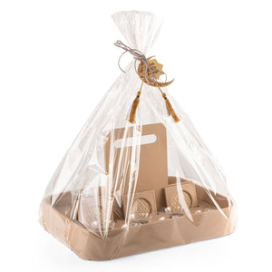 A beige stand with a handle, holding six coffee glasses, six tea glasses, and six coasters