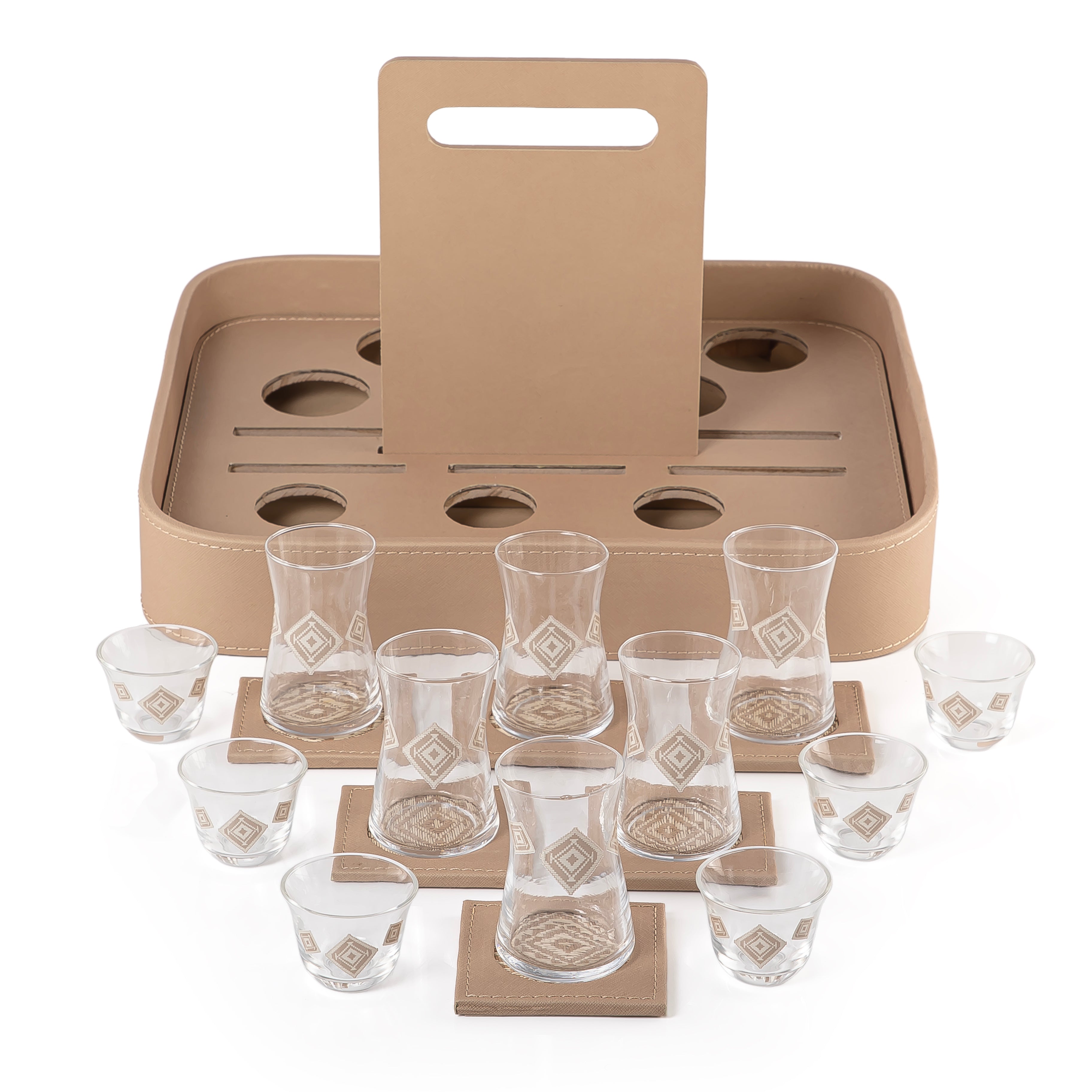 A beige stand with a handle, holding six coffee glasses, six tea glasses, and six coasters