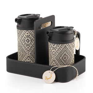 Set of two black thermoses with beige fabric covers and three labels "Tea, Karak, Coffee" on a handle stand