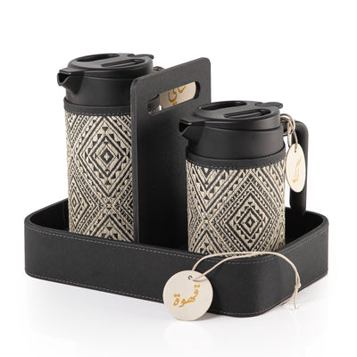 Set of two black thermoses with beige fabric covers and three labels "Tea, Karak, Coffee" on a handle stand