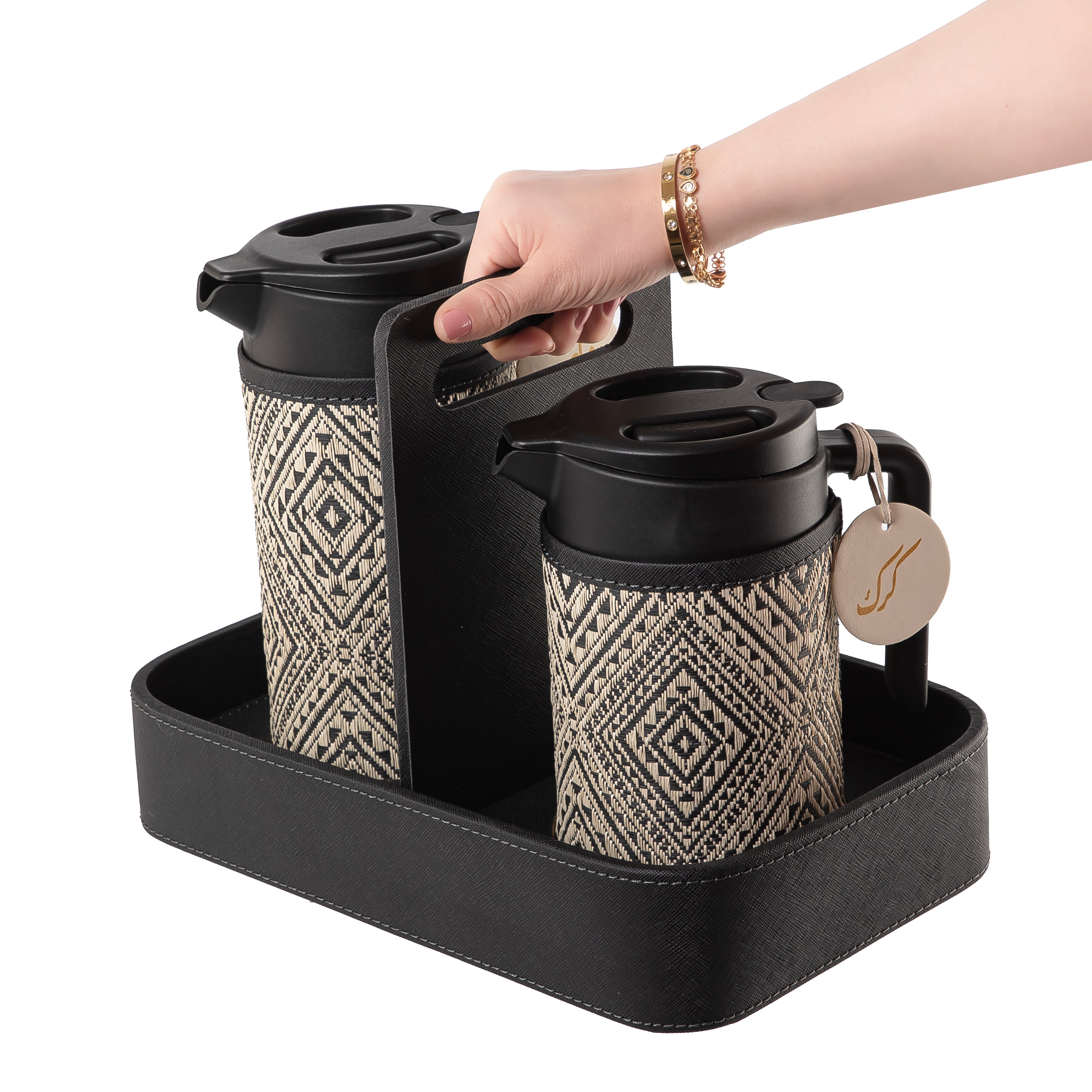 Set of two black thermoses with beige fabric covers and three labels "Tea, Karak, Coffee" on a handle stand