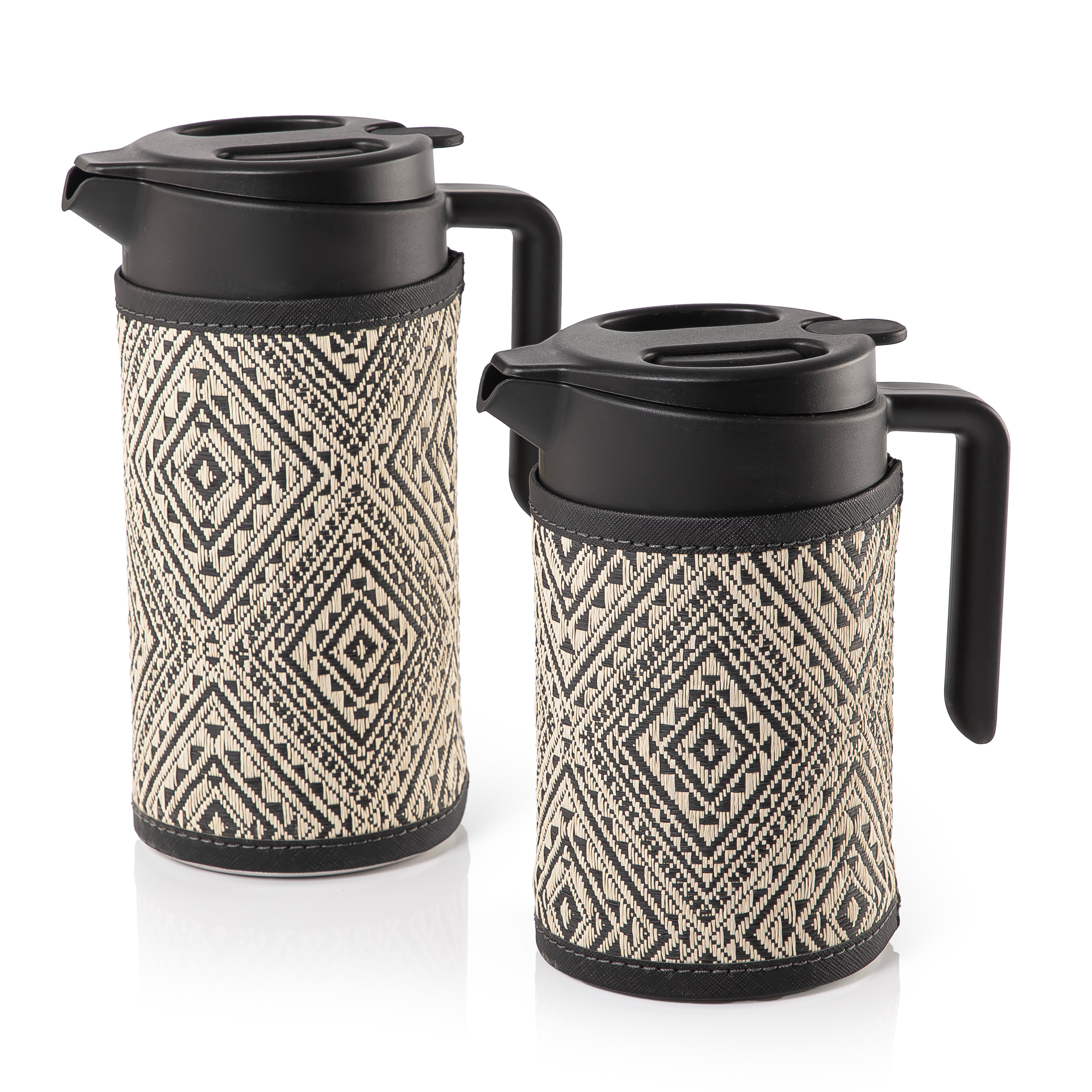 Set of two black thermoses with beige fabric covers