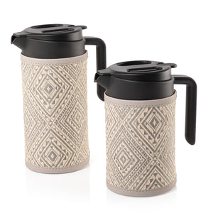 Set of two thermoses with grey fabric covers 