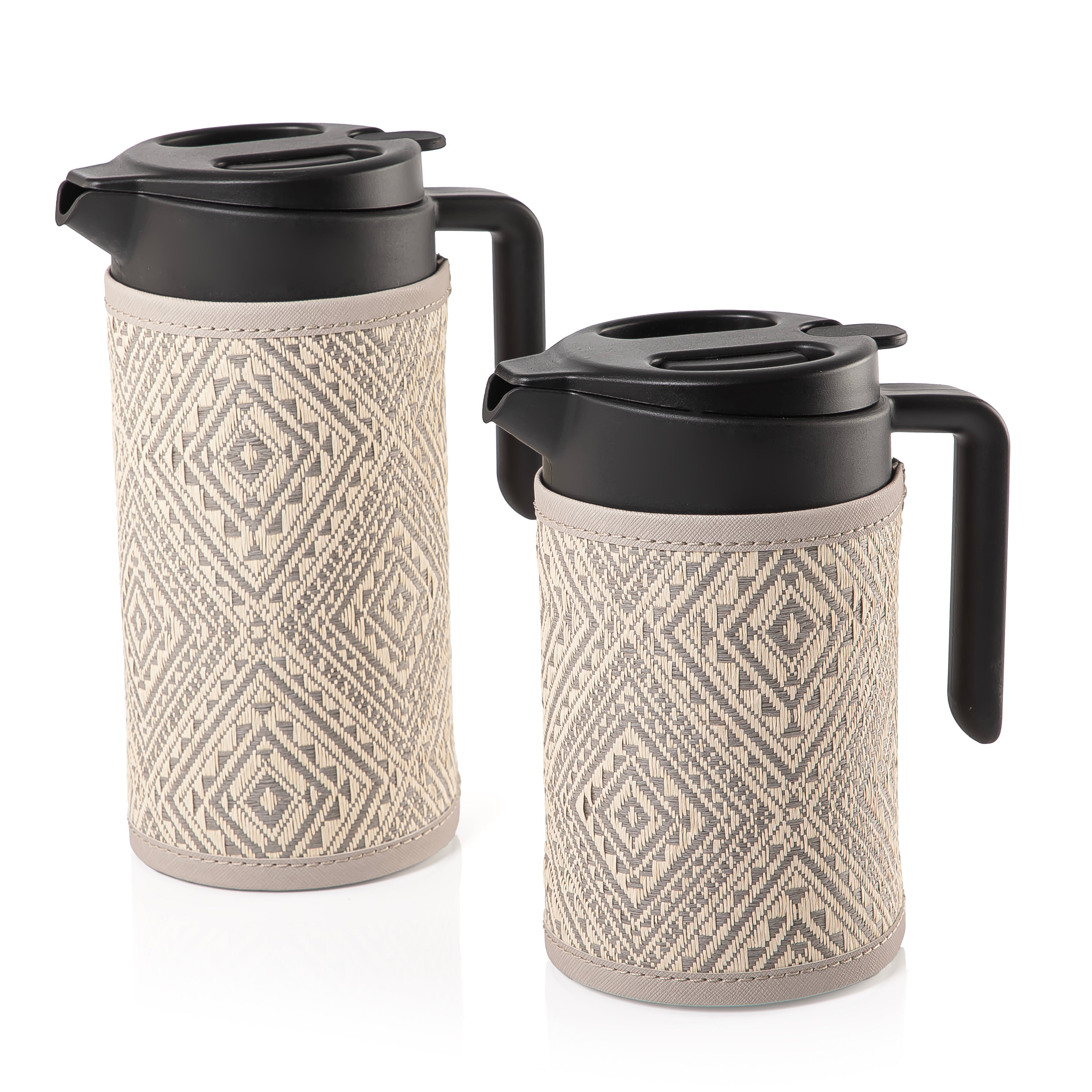 Set of two thermoses with grey fabric covers 