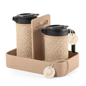 Set of two thermoses with beige fabric covers and three labels "Tea, Karak, Coffee" on a handle stand