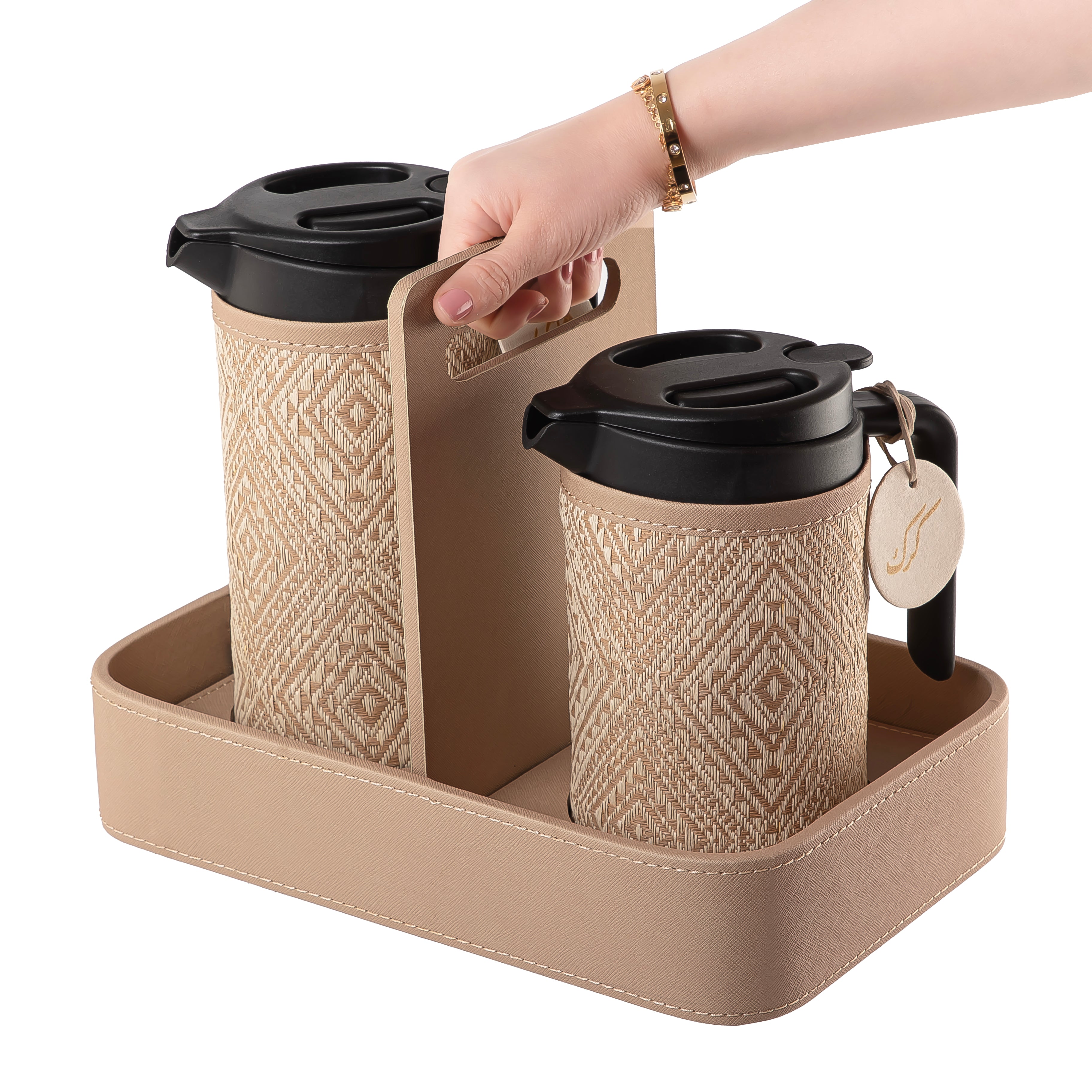 Set of two thermoses with beige fabric covers and three labels "Tea, Karak, Coffee" on a handle stand
