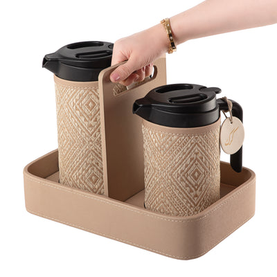 Set of two thermoses with beige fabric covers and three labels "Tea, Karak, Coffee" on a handle stand