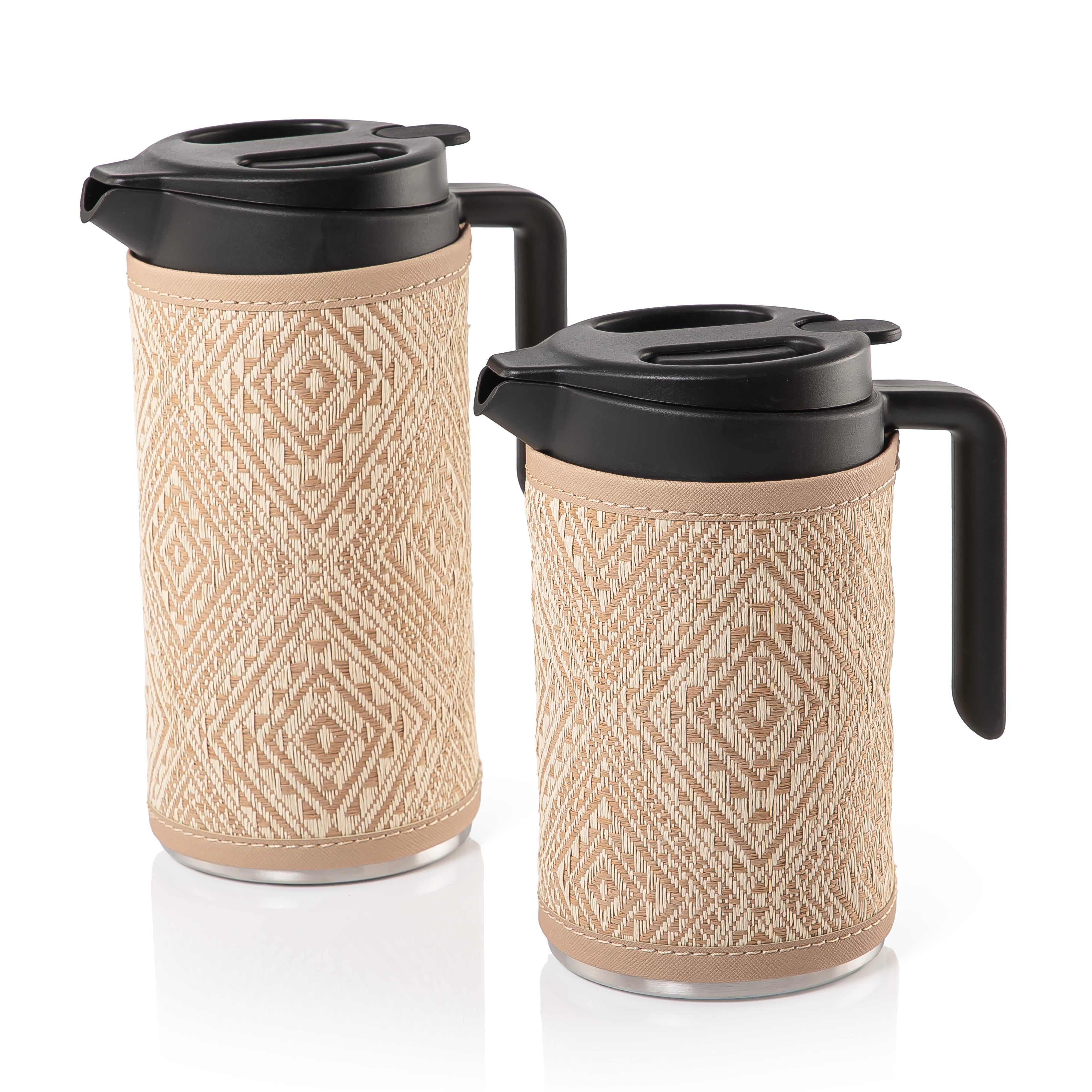 two thermoses with beige fabric covers