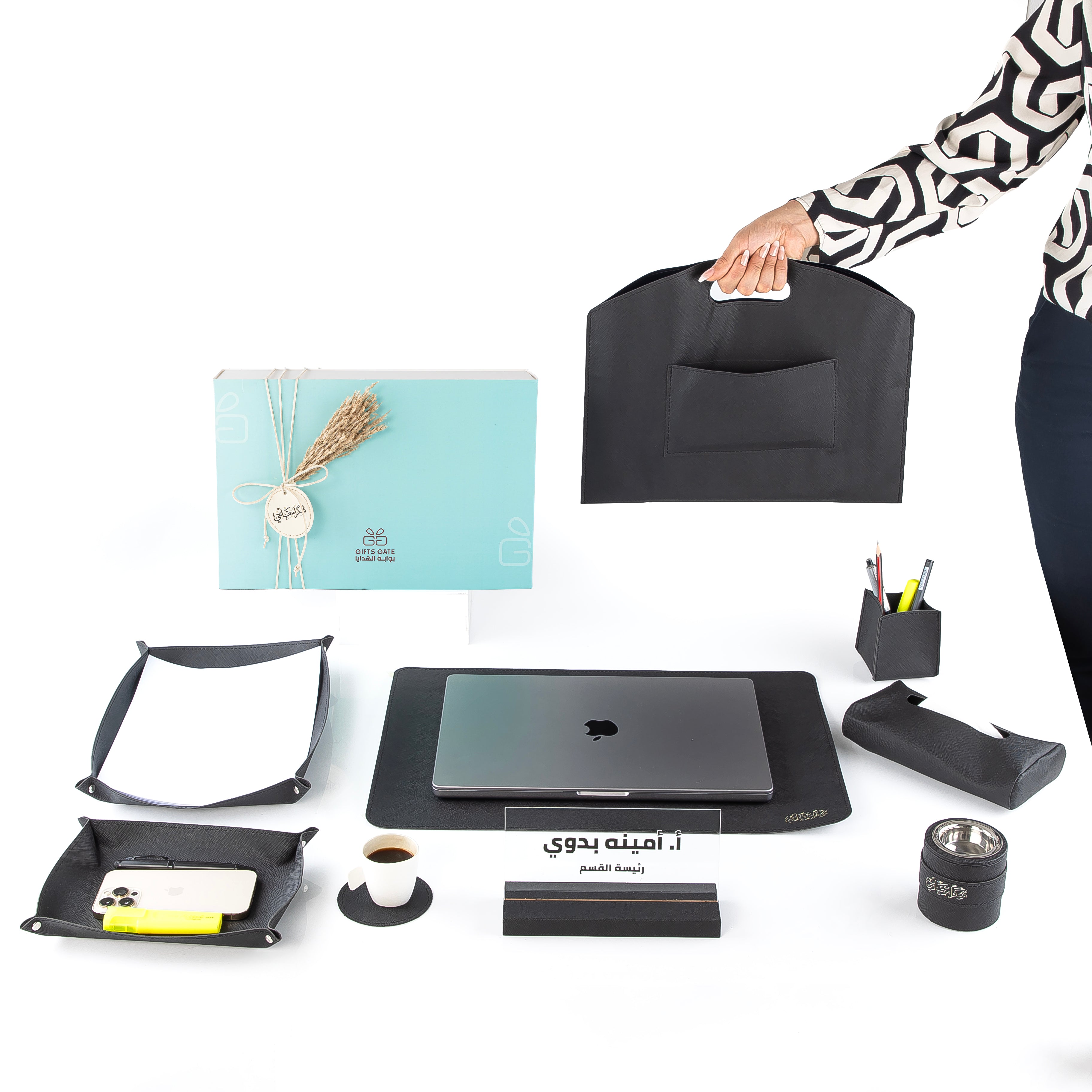 طقم مكتب جلدي فاخر 9 قطع مع بوكس هدايا - أسود