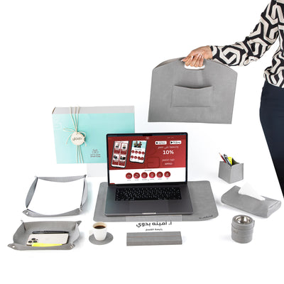 طقم مكتب جلدي فاخر 9 قطع مع بوكس هدايا - رمادي