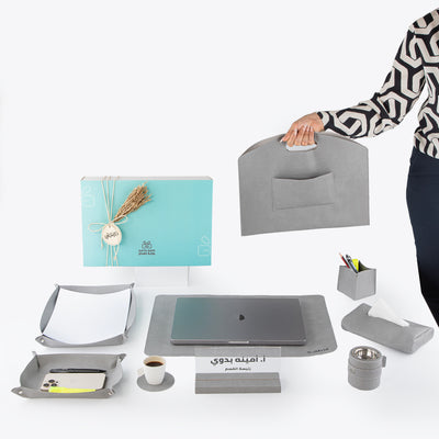 طقم مكتب جلدي فاخر 9 قطع مع بوكس هدايا - رمادي